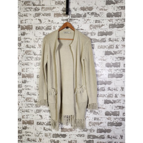 Chloe K Sweaters - Boho Western Cardigan Beige Fringe Size Small Open Chunky Pockets